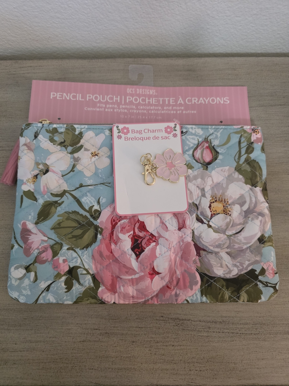 OCS Designs Quilted Rose Floral Pencil Pouch with Bag Charm Blue & Pink NWT